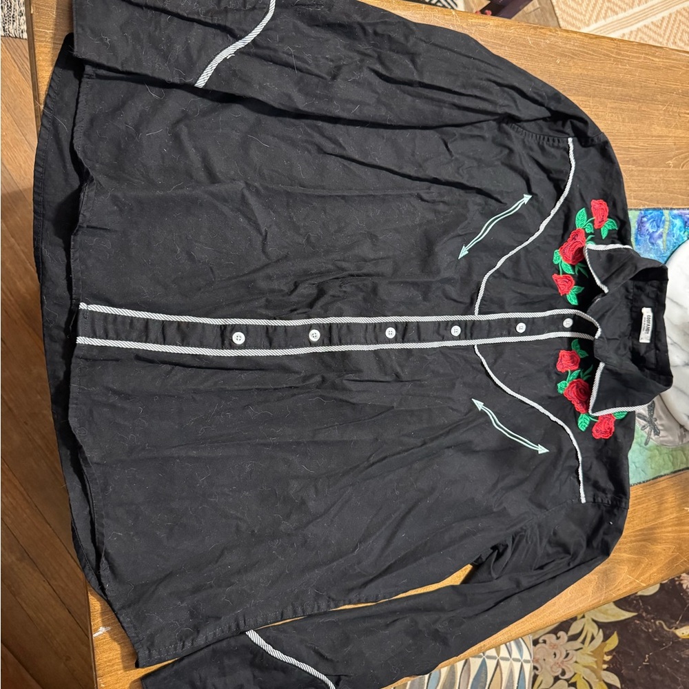 Men's Black Button-Down Shirt with Red Rose Embroidery